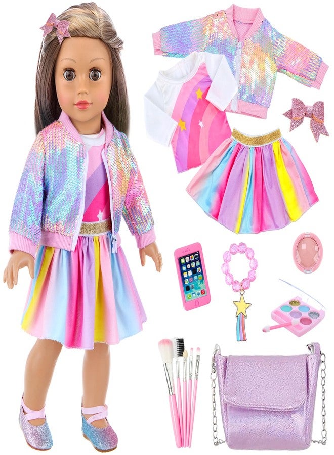 UNICORN ELEMENT American 18 Inch Doll Makeup Accessories and Clothes,Sequin Backpack Set for 18" Dolls Include Skirt Bracelet Hair Clip Phone and Makeup Sets（No Doll and Shoes - Image 1